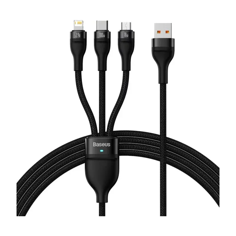 Baseus Flash Series II One-for-Three Fast Charging Cable USB to Micro+Lightning+C 100W 1.2m