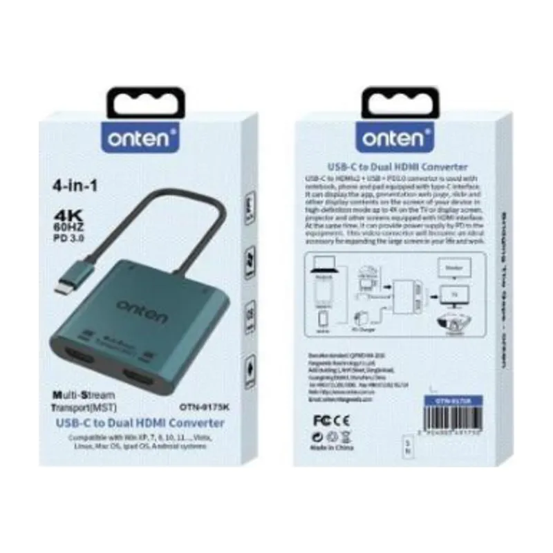 Onten 4-in-1 HDMI*2+USB 3.0 +PD 3.0 Adapter, 4K@ 60Hz