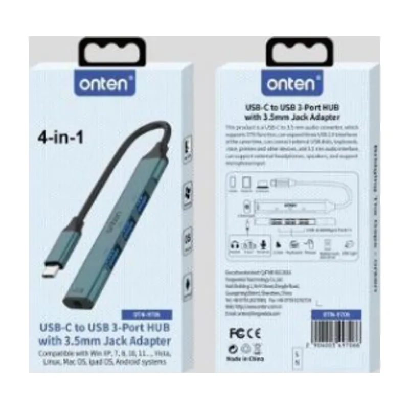 Onten USB-C To 3.5mm Jack Adapter With USB 3-Port Hub USB-C 3.5mm USB 3